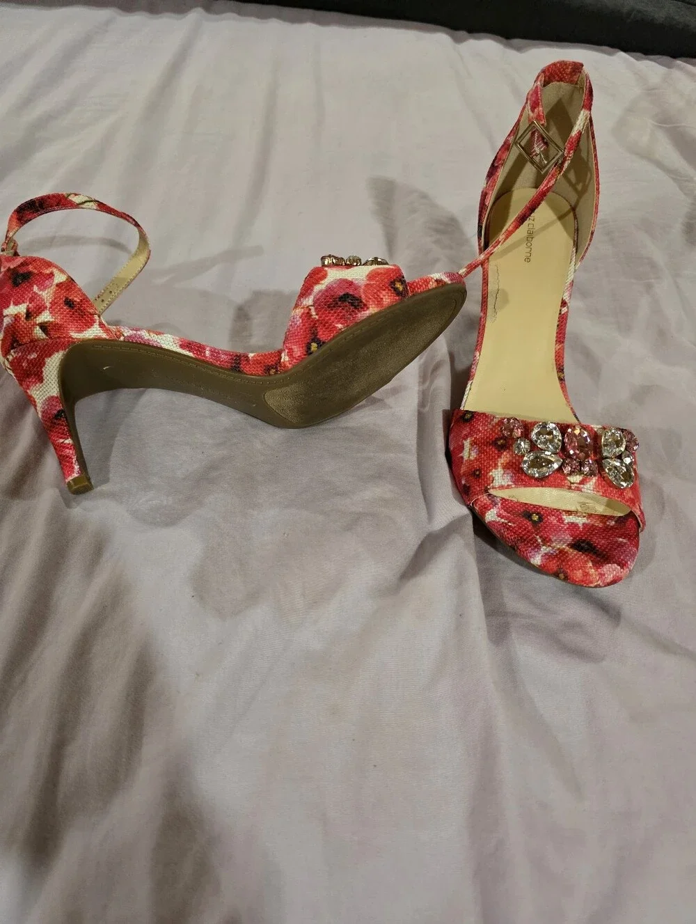 Liz Claiborne Red Floral Open-Toe Heel Sandals with Jewel Accents